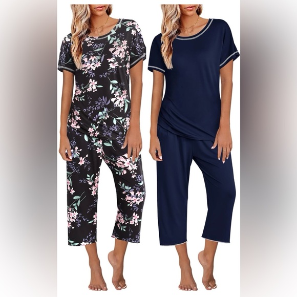 Ekouaer 2 Pack: Womens Pajamas Short Sleeve and Capri Pants Pjs Sets - Picture 2 of 2